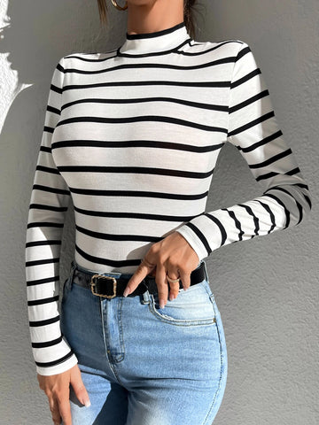 Striped Print Mock Neck Tee