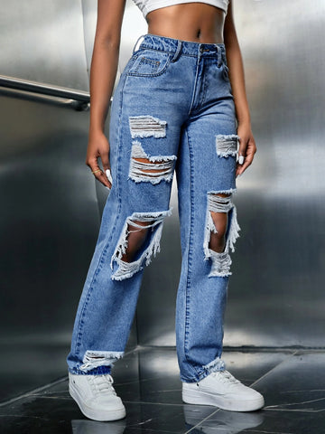 SXY Ripped Cut Out Straight Leg Jeans