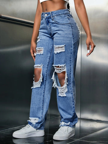 SXY Ripped Cut Out Straight Leg Jeans