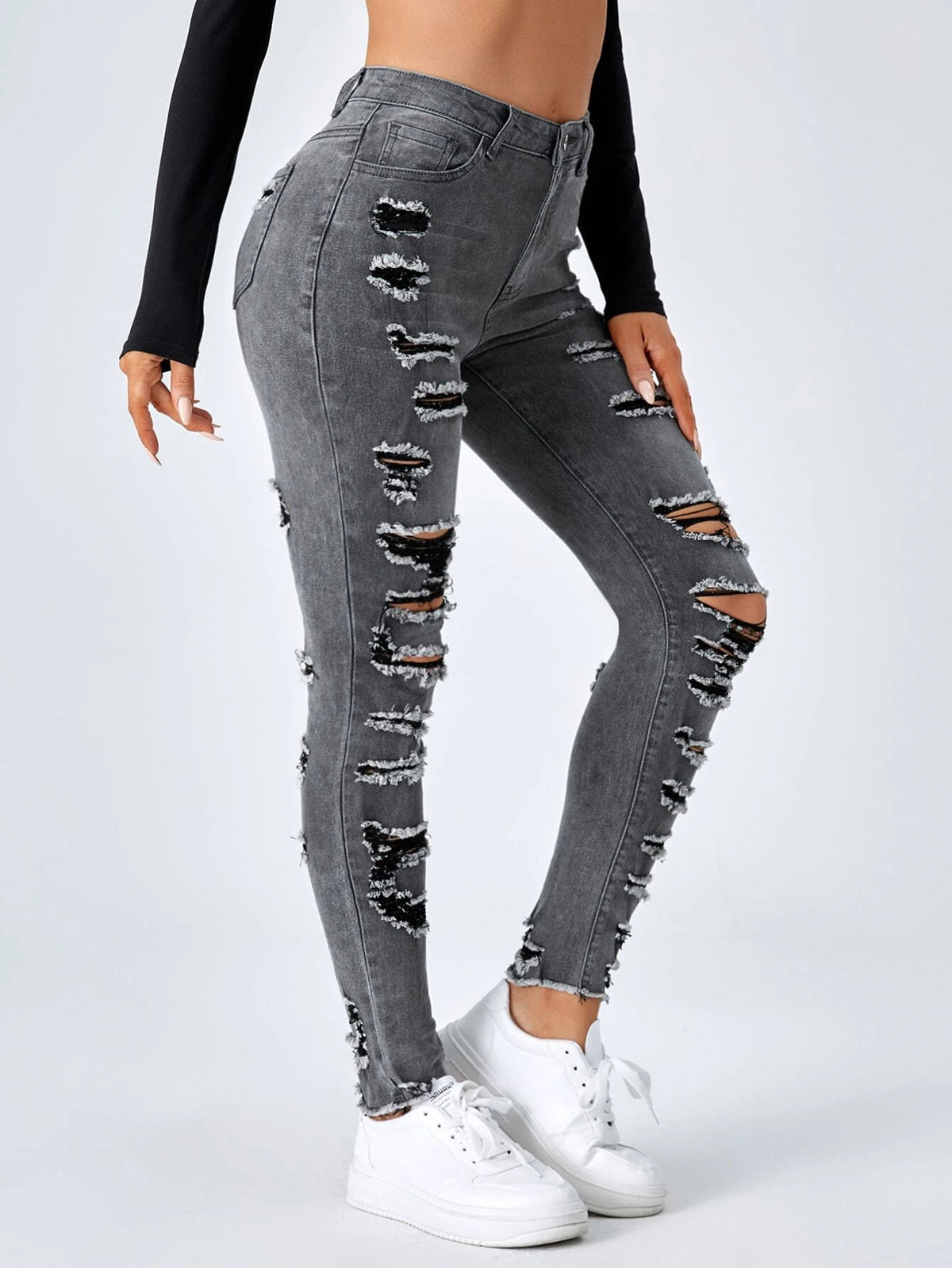 Ladder Distressed Raw Trim Skinny Jeans