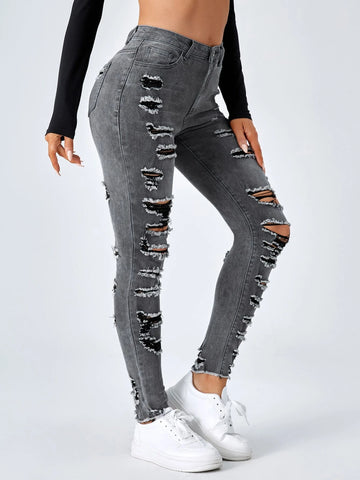 Ladder Distressed Raw Trim Skinny Jeans