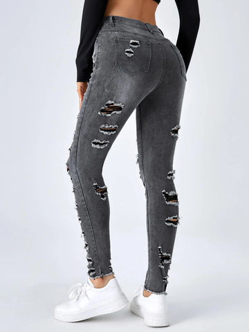 Ladder Distressed Raw Trim Skinny Jeans