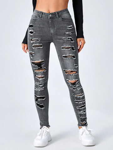 Ladder Distressed Raw Trim Skinny Jeans