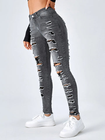 Ladder Distressed Raw Trim Skinny Jeans
