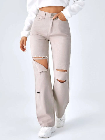 High Waist Ripped Boyfriend Jeans