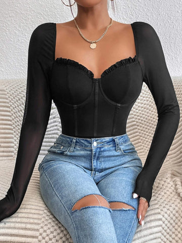 Sweetheart Neckline Frill Bustier Mesh Bodysuit