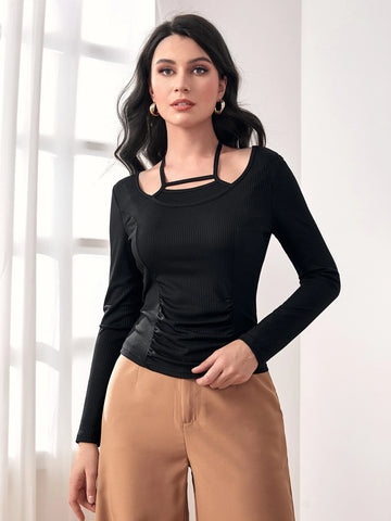 Halterneck Ruched Detail Tie Back 2 In 1 Tee