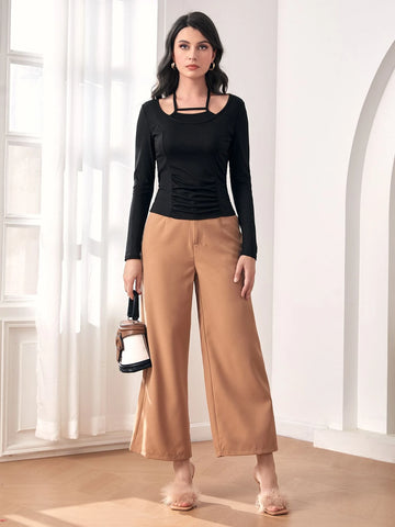 Halterneck Ruched Detail Tie Back 2 In 1 Tee