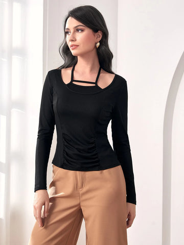 Halterneck Ruched Detail Tie Back 2 In 1 Tee