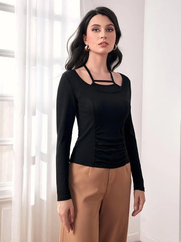 Halterneck Ruched Detail Tie Back 2 In 1 Tee