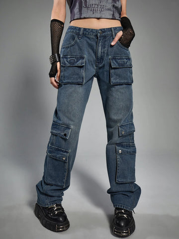 ROMWE Grunge Punk Flap Pocket Cargo Jeans
