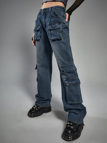 ROMWE Grunge Punk Flap Pocket Cargo Jeans