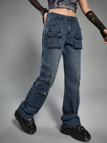 ROMWE Grunge Punk Flap Pocket Cargo Jeans