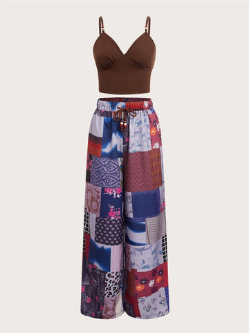 ROMWE Crop Cami Top & Patchwork Print Wide Leg Pants