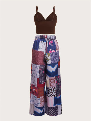 ROMWE Crop Cami Top & Patchwork Print Wide Leg Pants