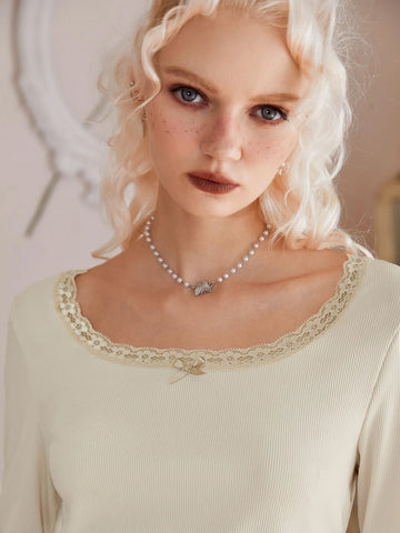 ROMWE Sweetness Contrast Lace Ribbed Tee