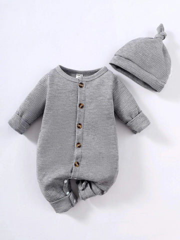 Newborn Baby Waffle Knit Jumpsuit & Hat