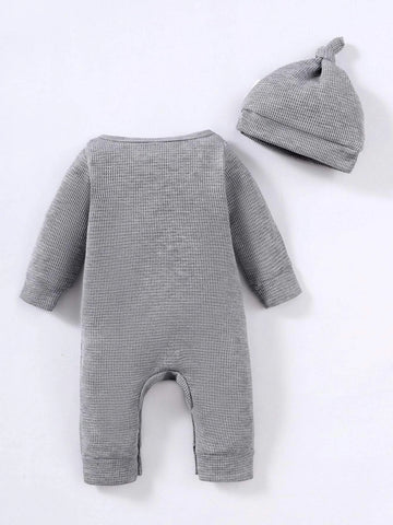 Newborn Baby Waffle Knit Jumpsuit & Hat