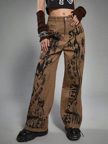 ROMWE Grunge Punk Letter Skeleton Graphic Jeans Without Belt