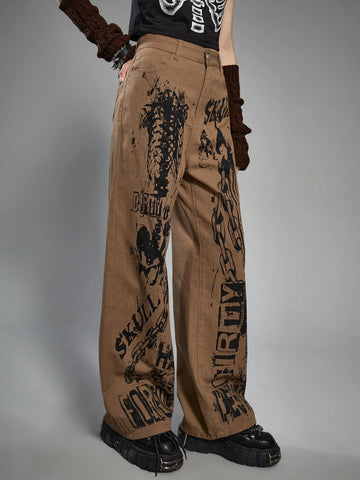ROMWE Grunge Punk Letter Skeleton Graphic Jeans Without Belt