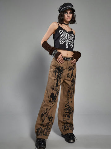 ROMWE Grunge Punk Letter Skeleton Graphic Jeans Without Belt