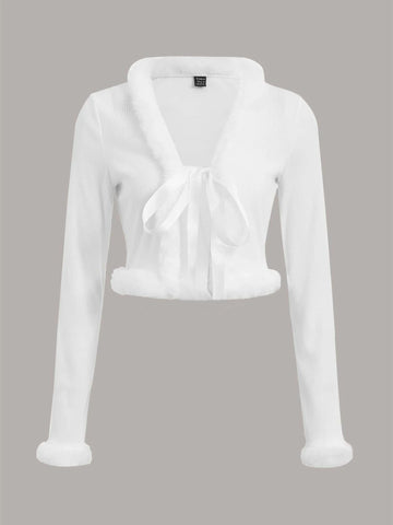 Fuzzy Trim Knot Front Crop Top