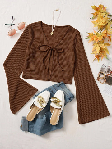 Tie Front Bell Sleeve Crop Top