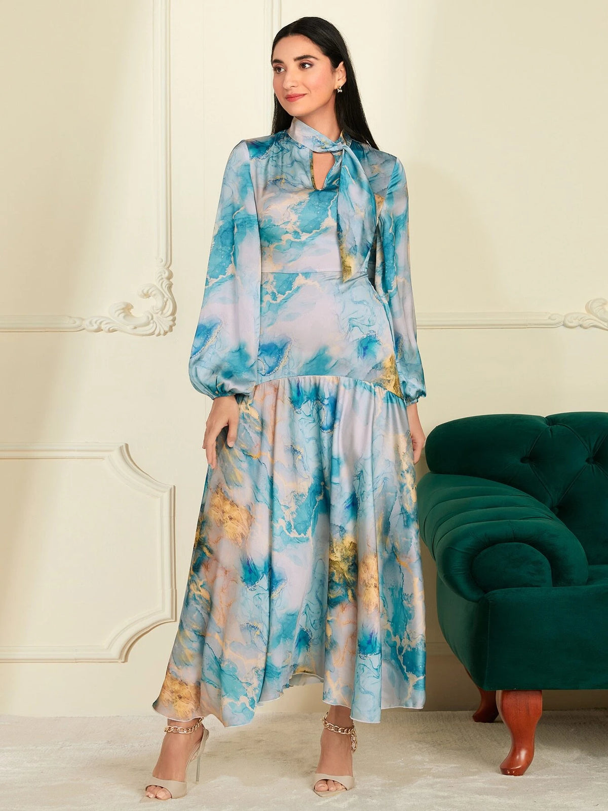 Modely Marble Print Tie Neck Lantern Sleeve Ruffle Hem Dress