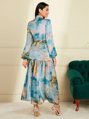 Modely Marble Print Tie Neck Lantern Sleeve Ruffle Hem Dress