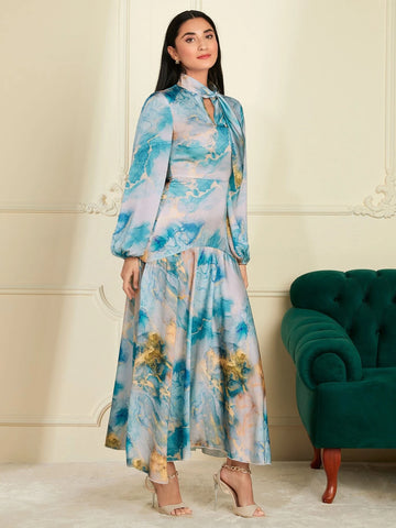 Modely Marble Print Tie Neck Lantern Sleeve Ruffle Hem Dress