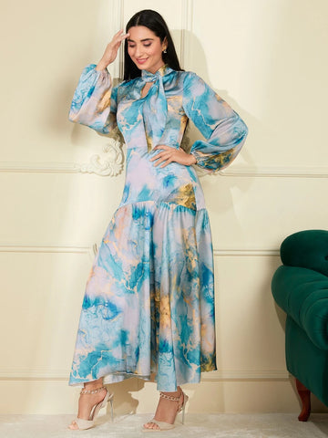 Modely Marble Print Tie Neck Lantern Sleeve Ruffle Hem Dress