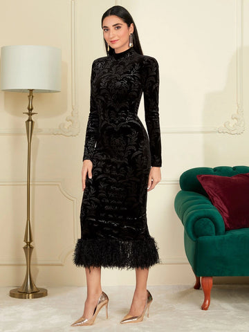 Modely Mock Neck Split Back Fuzzy Hem Jacquard Bodycon Dress