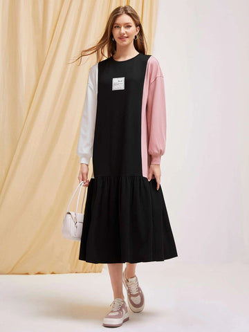 Letter Patched Colorblock Drop Shoulder Ruffle Hem Dress