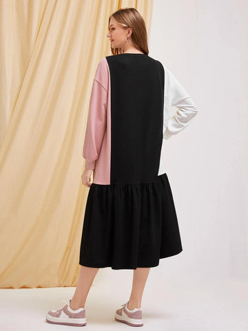 Letter Patched Colorblock Drop Shoulder Ruffle Hem Dress