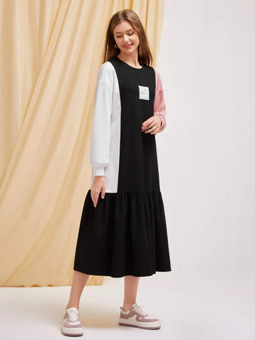 Letter Patched Colorblock Drop Shoulder Ruffle Hem Dress