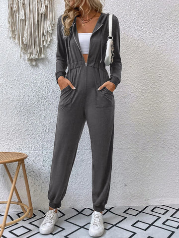 Double Pocket Zip Half Placket Drawstring Hooded Jumpsuit