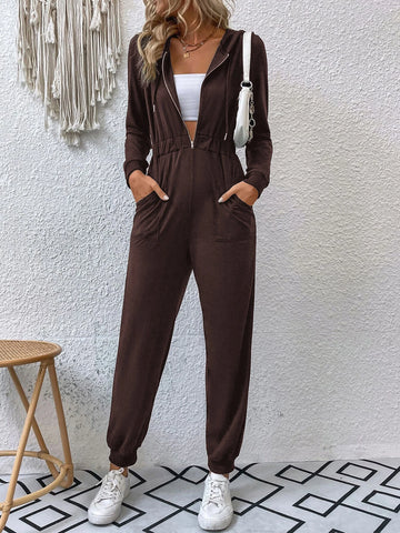 Double Pocket Zip Half Placket Drawstring Hooded Jumpsuit