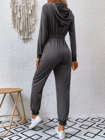 Double Pocket Zip Half Placket Drawstring Hooded Jumpsuit