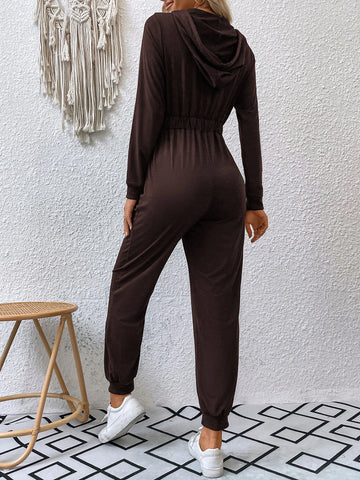 Double Pocket Zip Half Placket Drawstring Hooded Jumpsuit