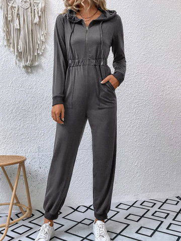 Double Pocket Zip Half Placket Drawstring Hooded Jumpsuit