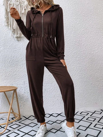 Double Pocket Zip Half Placket Drawstring Hooded Jumpsuit