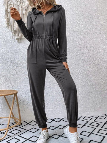 Double Pocket Zip Half Placket Drawstring Hooded Jumpsuit