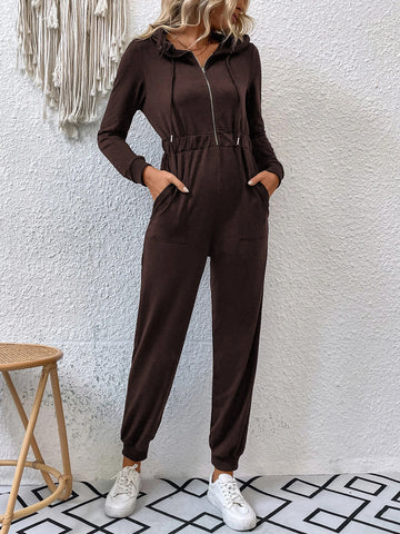 Double Pocket Zip Half Placket Drawstring Hooded Jumpsuit
