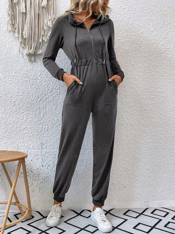 Double Pocket Zip Half Placket Drawstring Hooded Jumpsuit