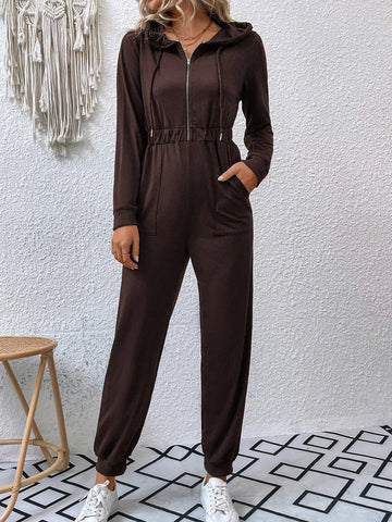 Double Pocket Zip Half Placket Drawstring Hooded Jumpsuit