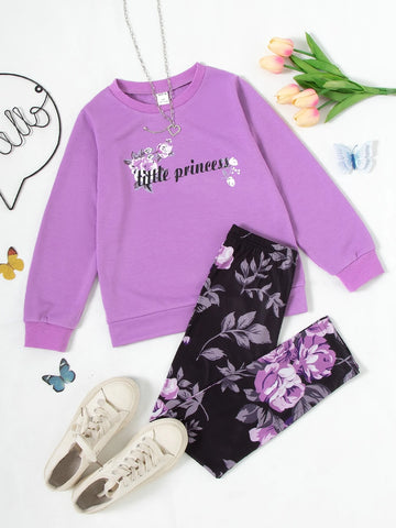 Girls Letter And Floral Print Pullover & Leggings