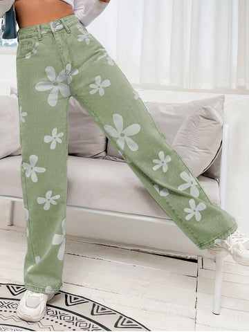 Floral Print High Waist Straight Leg Jeans
