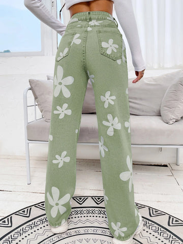 Floral Print High Waist Straight Leg Jeans