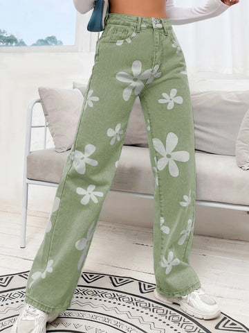 Floral Print High Waist Straight Leg Jeans