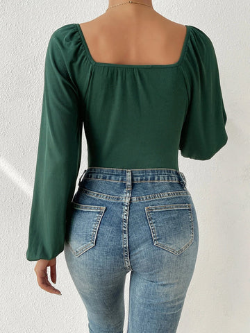 Scoop Neck Lantern Sleeve Ruched Bodysuit